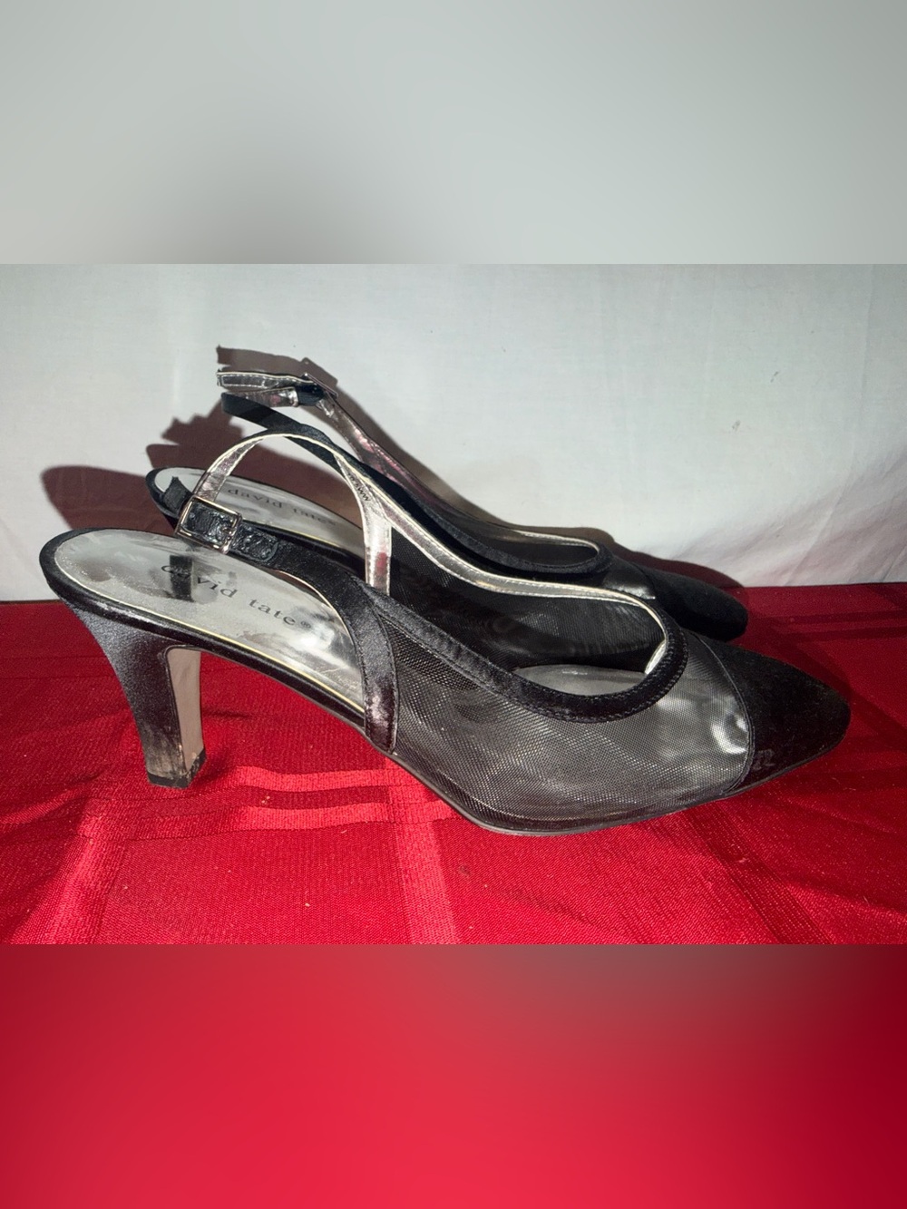 David Tate Black Mesh Slingback Heels with Silver Trim